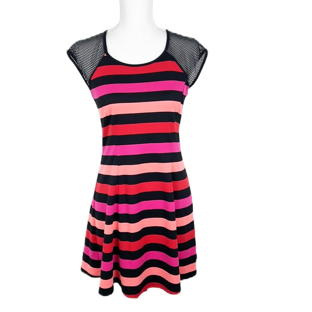 Eric + Lani Dress Women Medium Multicolor Stripe Mesh Cap Sleeve Stretch Mini